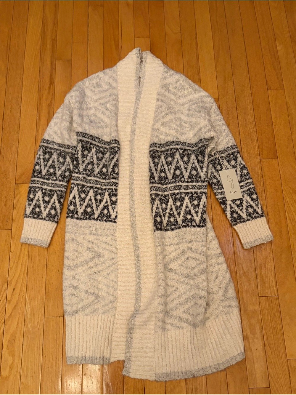 Joie Cream and Gray navy Geometric Open-Front Long Cardigan